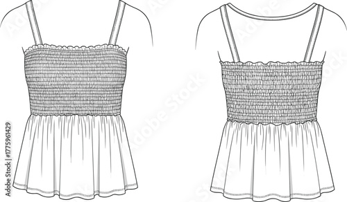 Smocked spaghetti strap top front and back technical sketch, ruffle hem peplum silhouette, summer women's fashion blouse design template, cad drawing flat vector illustration