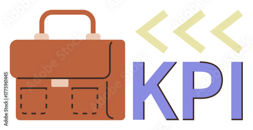 Brown briefcase symbolizing work and professionalism, beige arrows for direction, and KPI text emphasizing performance metrics. Ideal for business, management, goals, analysis, leadership