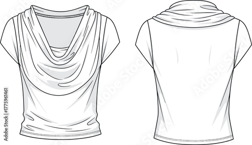 Women draped cowl neck short sleeve top flat fashion technical sketch, elegant front and back blouse template for apparel design, cad drawing flat vector illustration