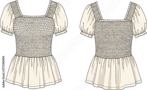 Smocked puff sleeve peplum top fashion flat sketch, front and back blouse technical drawing, elegant summer womenswear design template, cad drawing flat vector illustration