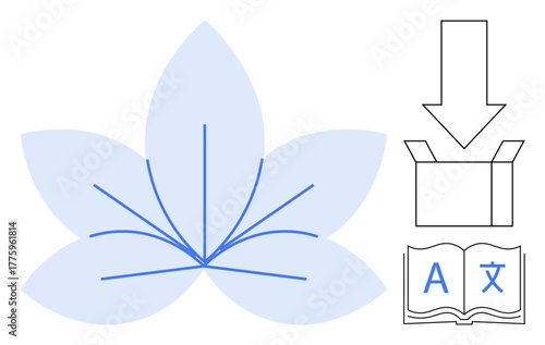 Stylized flower with branching lines, open book with multilingual characters, arrow pointing into box. Ideal for translation, education, processing, technology, learning, data flow simple flat