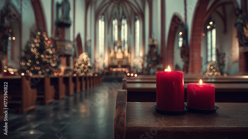 Peaceful church interior with red candles glowing during evening Margazhi Festival mass and prayer service