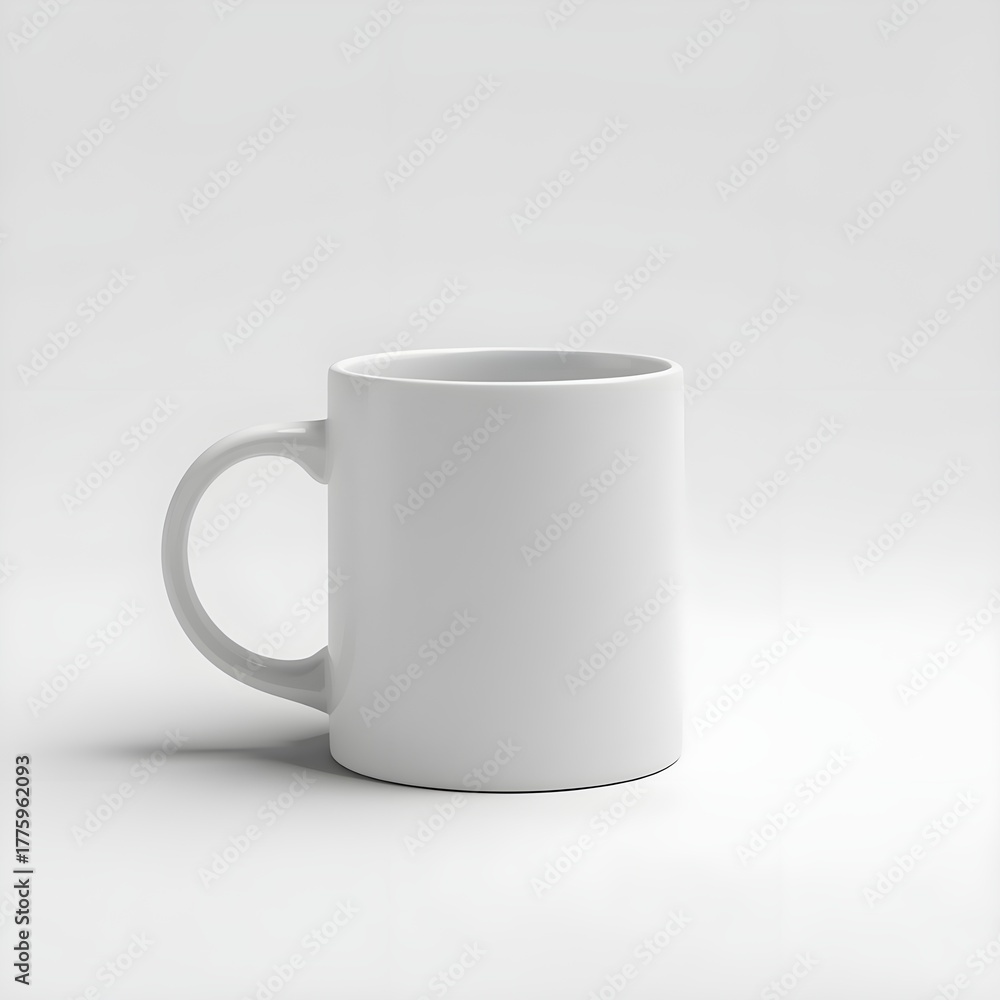 Fototapeta premium A white ceramic mug is displayed with its handle facing the viewer, set against a pure white backdrop. The image focuses on the mug's clean lines and unadorned surface, captured with soft, even illumi