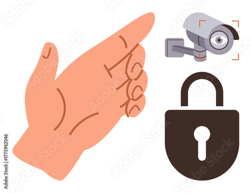Hand signaling halt, surveillance camera monitoring in real-time, and secure padlock symbolizing protection. Ideal for privacy, security, access control, monitoring, restriction, safety