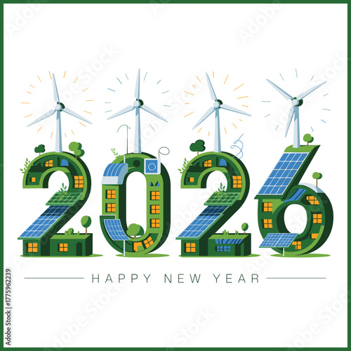 Vector illustration of 2026 digits built from green buildings