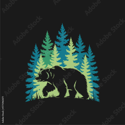 Silhouette of a grizzly bear walking through a forest of evergreen trees, nature illustration.