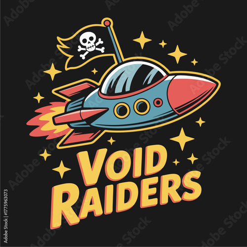 Cartoon illustration of a blue and red rocket ship with a pirate flag, surrounded by stars, and the text "VOID RAIDERS" below.