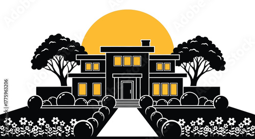 Modern house exterior design with garden trees and sunset vector art