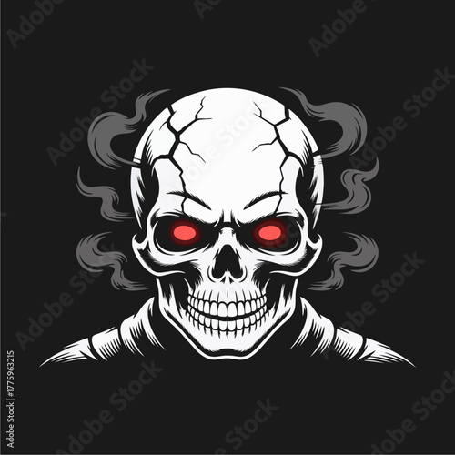 A stylized, menacing white skull with glowing red eyes, cracks, and smoke emanating from behind on a dark background.