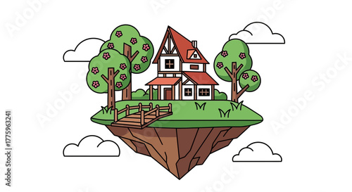 Charming cottage rests serenely on a floating island amidst fluffy clouds.