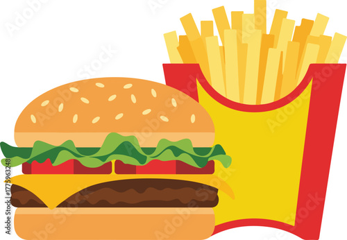 Vector illustration of a classic hamburger and french fries meal combo perfect for menus or advertising