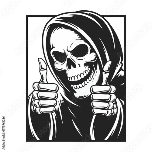 A stylized illustration of the Grim Reaper, depicted as a skeletal figure wearing a hooded robe, giving a double thumbs-up gesture with a wide, toothy grin, ...