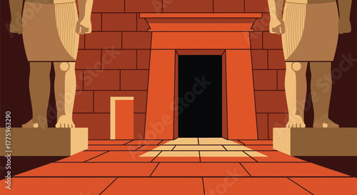 Ancient egypt temple illustration with statues and doorway entrance