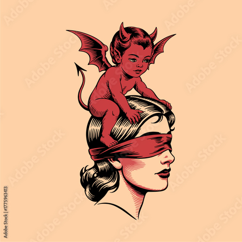 Illustration of a blindfolded woman with a small red devil sitting on her head, featuring a vintage aesthetic and a symbolic representation of temptation.