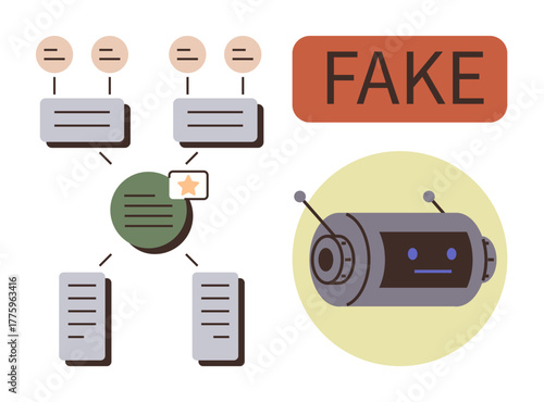 Flowchart of content verification linking data blocks, AI bot with sad face, and FAKE label. Ideal for misinformation, media literacy, technology, AI ethics, digital trust, data accuracy