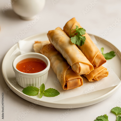 Crispy spring rolls with sweet chili sauce served on a white plate perfect for Asian cuisine promoti