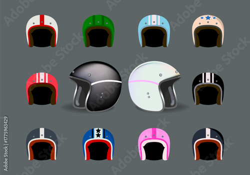 Motorcycle helmets icon set with different color vector illustration. Racing headgear equipment car motorbike driver head.