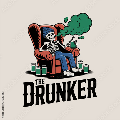 A cartoon skeleton in a beanie relaxes in a red armchair, exhaling green smoke and surrounded by drink cans.