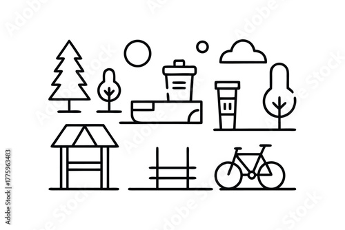 Outline icons of park elements and trees with sun and clouds Keywords: park, tree, building, shelter, bicycle, trash can, sun, cloud, icon