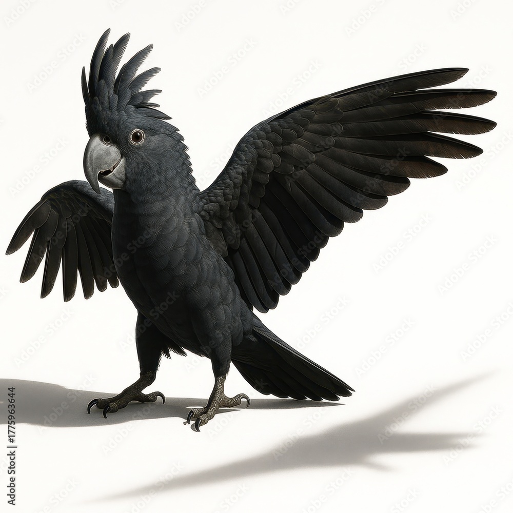 Obraz premium Great billed black cockatoo three quarter angle wings partially spread in a dynamic stance studio isolated