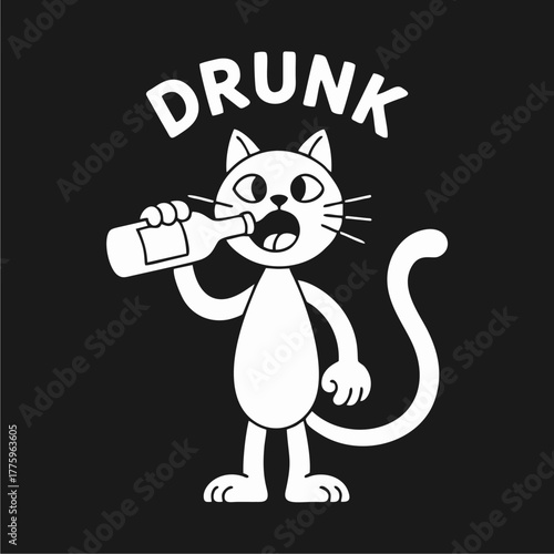 Cartoon cat drinking from a bottle, labeled "DRUNK" above its head, against a black background.