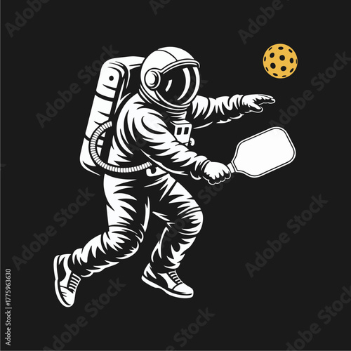 An astronaut in a spacesuit plays pickleball in outer space, swinging a paddle to hit a ball.