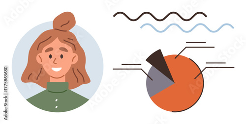 Smiling young woman next to a colorful pie chart with labeled sections and wavy lines. Ideal for teamwork, leadership, analysis, collaboration, strategy, success, personal growth. Simple flat