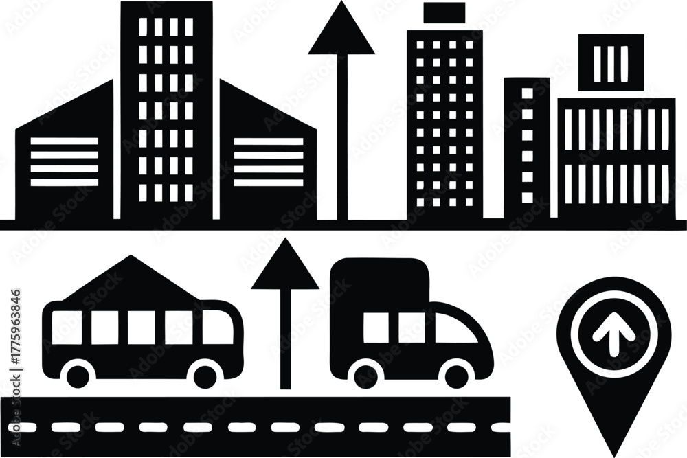 Fototapeta premium Urban transportation and city skyline icons with upward arrows Keywords: city, urban, skyline, buildings, skyscraper, bus, truck, road, highway