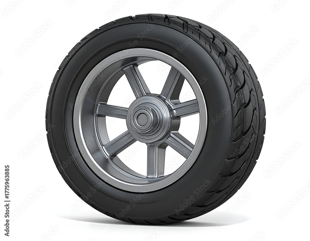 Obraz premium Isolated tire with metallic rim and black rubber on a white background