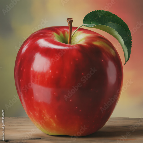 Shiny red apple with a green leaf fresh fruit on a wooden surface healthy food concept