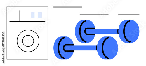Blue dumbbells paired with a washing machine emphasize balance between home chores and fitness. Ideal for fitness, balance, multitasking, home workouts, household management, time efficiency, simple