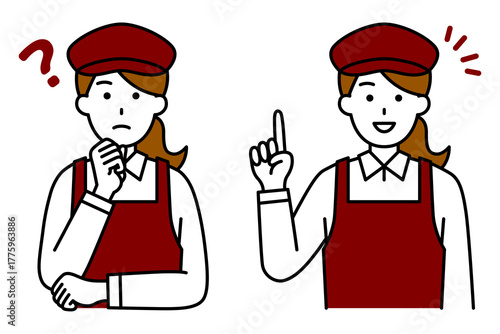 アイデアをひらめくカフェの女性店員　セット