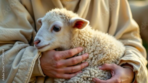 Young lamb cuddle sheep baby animal farm pastoral gentle hands caring shepherd cozy newborn portrait soft wool fleece countryside warmth intimate