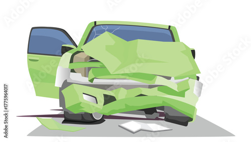 Car accident caused severe damage. Green sedan was dented and the front bumper was broken. Front hood was bent and opened. Engine was damaged and oil was leaking.