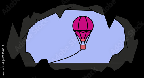 hot air balloon floats tethered against a soft pastel sky viewed from a cave opening.