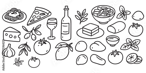 Hand drawn italian food set. Mediterranean lunch and dinner icons in doodle sketch. Lemons, pasta, tomato, pizza, cheese, wine. Italian summer vacation. Dolce vita aesthetics. Vector illustration.