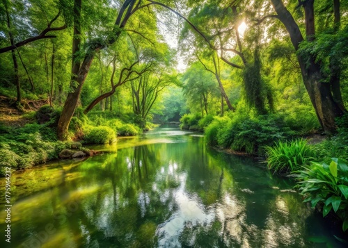 A serene forest with a polluted river flowing through it