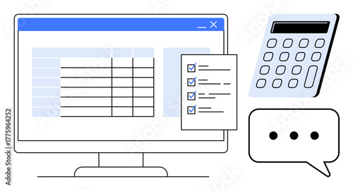 Computer screen with spreadsheet, checklist, calculator, and speech bubble showcasing collaboration, organization, finance tracking, planning, and productivity. Ideal for business accounting