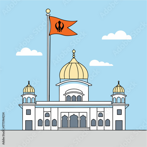 Flat vector Sikh temple with Nishan Sahib flag