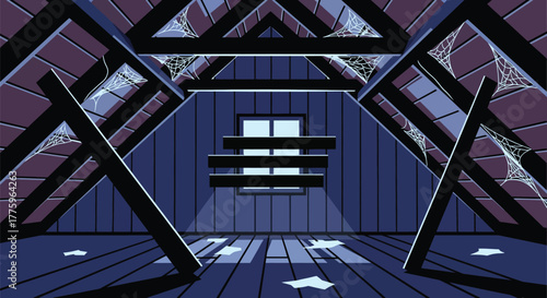 Spooky attic illustration with spiderwebs and boarded up window dark