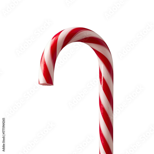 A vibrant red and white striped confectionery, a curved sweet treat often associated with festive winter holidays and seasonal celebrations, against a clean white background