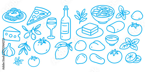Hand drawn italian food set. Mediterranean lunch and dinner icons in doodle sketch. Lemons, pasta, tomato, pizza, cheese, wine. Italian summer vacation. Dolce vita aesthetics. Vector illustration.