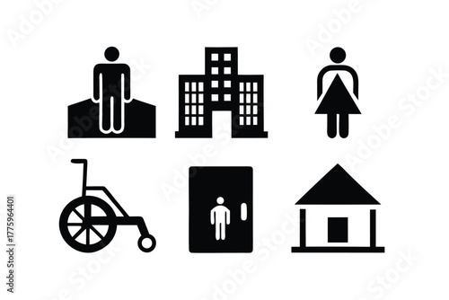 Black silhouette icons representing accessibility and buildings Keywords: man, woman, building, wheelchair, door, house, icon, silhouette, black