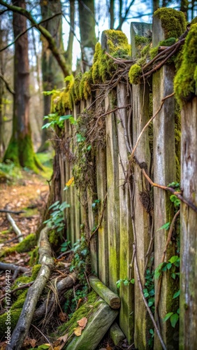 Weathered wooden fence overgrown with vines and moss