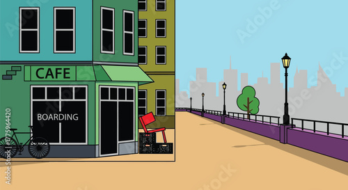 Cityscape cartoon illustration with cafe boarding and boardwalk view