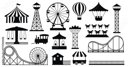Amusement Park Silhouette Icons Set of Carnival Rides — Ideal for Event Posters, Fairground Maps, Children’s Party Invitations, Theme Park Branding, Travel Brochures, and Entertainment Websites