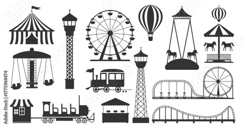 Amusement Park Silhouette Icons Set of Carnival Rides — Ideal for Event Posters, Fairground Maps, Children’s Party Invitations, Theme Park Branding, Travel Brochures, and Entertainment Websites