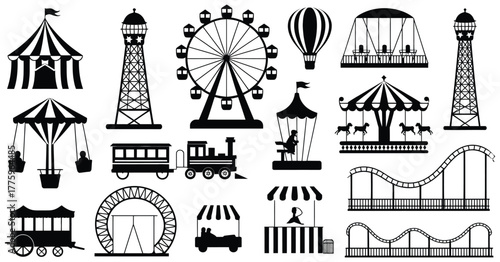 Amusement Park Silhouette Icons Set of Carnival Rides — Ideal for Event Posters, Fairground Maps, Children’s Party Invitations, Theme Park Branding, Travel Brochures, and Entertainment Websites