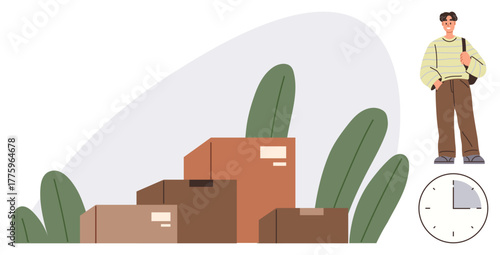 Cardboard boxes near decorative plants symbolizing packing and moving preparation with a casual person carrying a bag and a clock representing time. Ideal for moving process, relocation