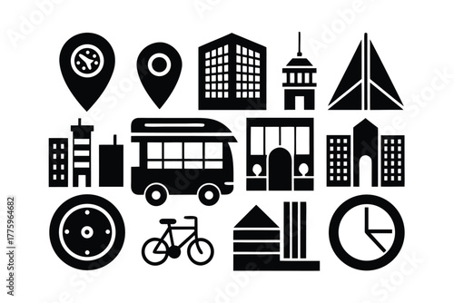 Collection of black city and transportation icons on white background Keywords: city, urban, transportation, building, architecture, bus, bicycle